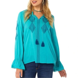 Wrangler Retro Embroidered long sleeved Peasant Top Teal Tassels Women’s Size S